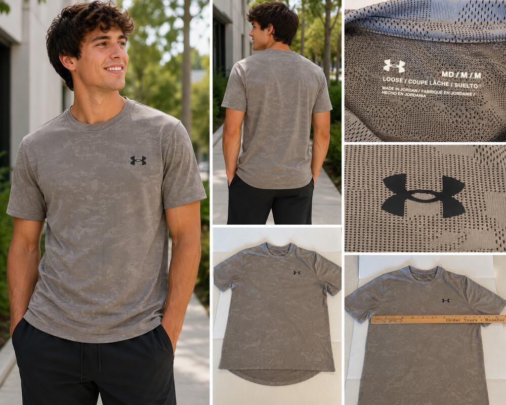 Under Armour Mens Medium Gray Camo Loose Fit Short Sleeve Athletic Shirt